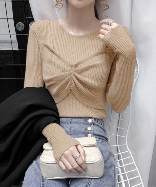 Miniministore（ミニミニストア）の「ニットトップス レディース 重ね着（ニット/セーター・レディース・ダークベージュ/ベージュ/ホワイト/ブラック/グレー・FREE）」の5枚目の写真