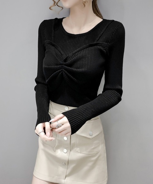 Miniministore（ミニミニストア）の「ニットトップス レディース 重ね着（ニット/セーター・レディース・ダークベージュ/ベージュ/ホワイト/ブラック/グレー・FREE）」の8枚目の写真