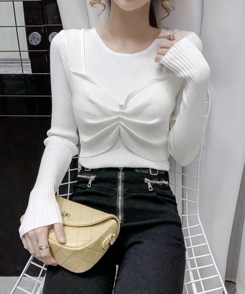 Miniministore（ミニミニストア）の「ニットトップス レディース 重ね着（ニット/セーター・レディース・ダークベージュ/ベージュ/ホワイト/ブラック/グレー・FREE）」の9枚目の写真