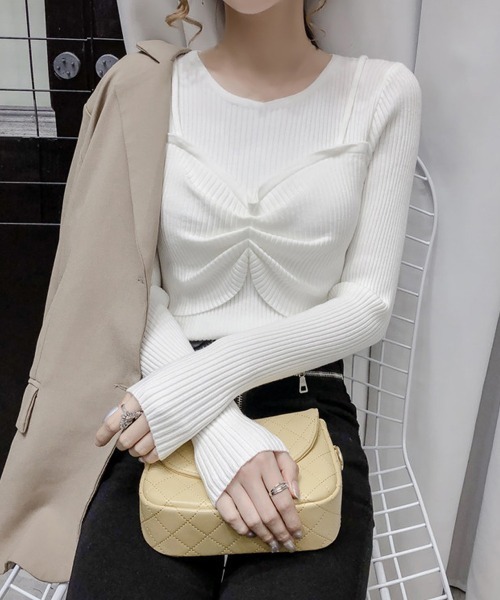 Miniministore（ミニミニストア）の「ニットトップス レディース 重ね着（ニット/セーター・レディース・ダークベージュ/ベージュ/ホワイト/ブラック/グレー・FREE）」の10枚目の写真
