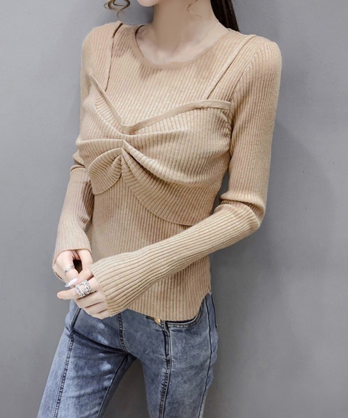 Miniministore（ミニミニストア）の「ニットトップス レディース 重ね着（ニット/セーター・レディース・ダークベージュ/ベージュ/ホワイト/ブラック/グレー・FREE）」の11枚目の写真