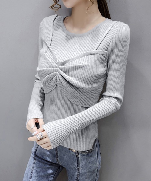 Miniministore（ミニミニストア）の「ニットトップス レディース 重ね着（ニット/セーター・レディース・ダークベージュ/ベージュ/ホワイト/ブラック/グレー・FREE）」の12枚目の写真