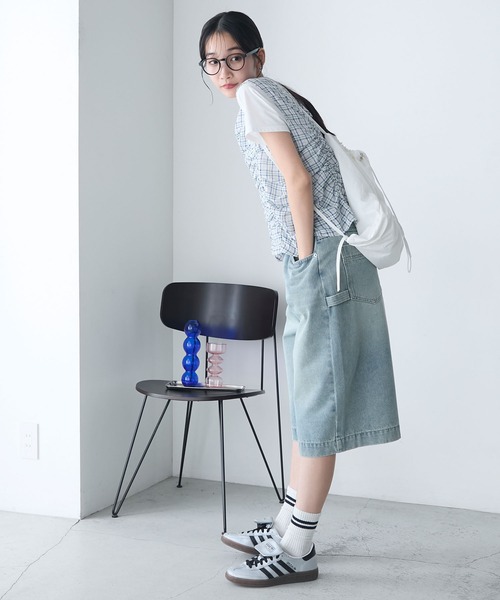 forksy.】ヴィンテージライクハーフデニムパンツ（デニムパンツ