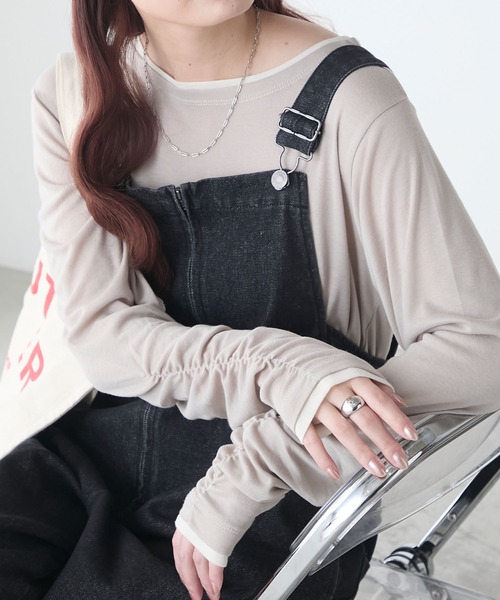 BONLECILL(ボンルシール)の「シアーテレコレイヤード風ギャザースリーブT(Tシャツ/カットソー・レディース・ブルー/チャコールグレー/オフホワイト/ベージュ/ネイビー/オレンジ・FREE)」の1枚目の写真