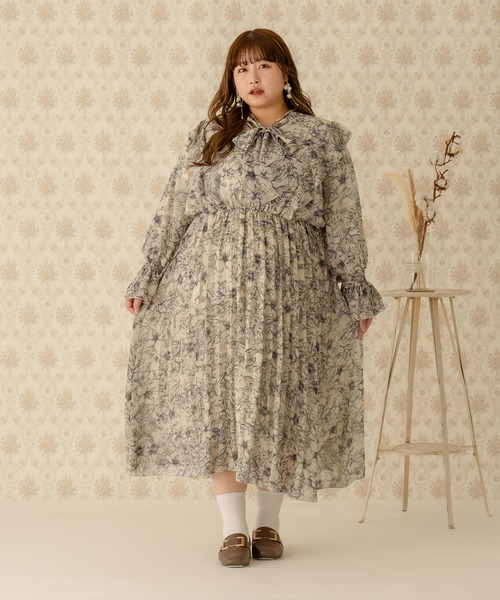 Louiosy（ルオシー）の「【大きいサイズ】ボウタイフリルプリーツ総柄