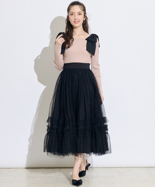 SWINGLE（スウィングル）の「フリル切替チュールエアリースカート（スカート・レディース・ピンク/ブラック/アイボリー・FREE）」の2枚目の写真