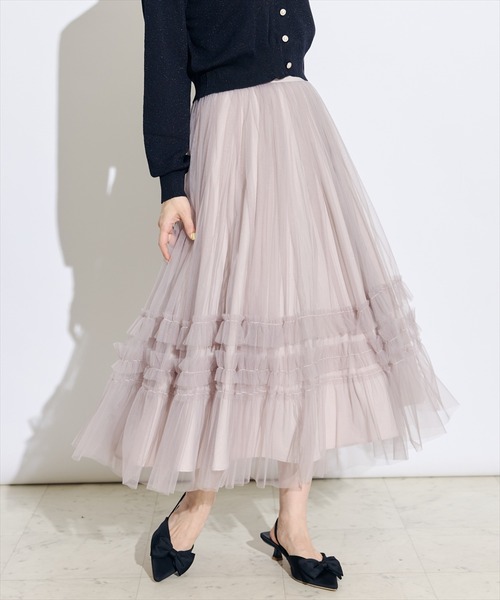 SWINGLE（スウィングル）の「フリル切替チュールエアリースカート（スカート・レディース・ピンク/ブラック/アイボリー・FREE）」の9枚目の写真