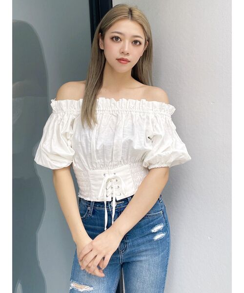 GYDA（ジェイダ）の「2WAYギャザーオフショルコルセットブラウス（シャツ/ブラウス・レディース・その他1/ベージュ/オフホワイト・FREE）」の6枚目の写真