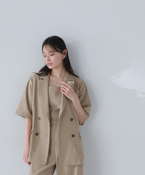 NATURAL BEAUTY BASIC(ナチュラルビューティーベーシック)の「◇【THINK NATURAL】ハーフスリーブダブルジャケット(テーラードジャケット・レディース・ベージュ/ブラック・FREE)」の1枚目の写真