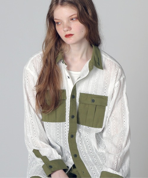 AVIREX(アヴィレックス)の「《WEB LIMITED Belle LINE》LACE SHIRT/レースシャツ(シャツ/ブラウス・レディース・オリーブ/ブラック・M/S)」の1枚目の写真