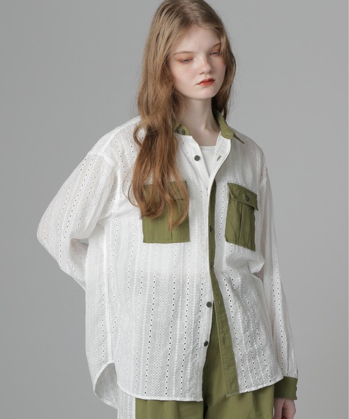 AVIREX(アヴィレックス)の「《WEB LIMITED Belle LINE》LACE SHIRT/レースシャツ(シャツ/ブラウス・レディース・オリーブ/ブラック・M/S)」の3枚目の写真