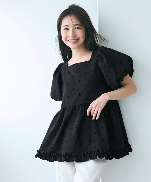 フロッキードットブラウス ファッションファッション - フロッキードットブラウス 白黒2点