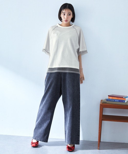新品　ICB 今季物チュールレイヤード カットソー　半袖シャツ　L ICB L(アイシービー エル)の【接触冷感・UVケア・速乾・洗える
