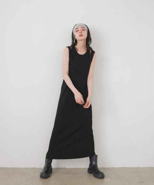 【新品同様】ADORE ノースリーブワンピース　36/ウール/BLK 異素材切替ドット柄ノースリーブオフタートル切替コクーン