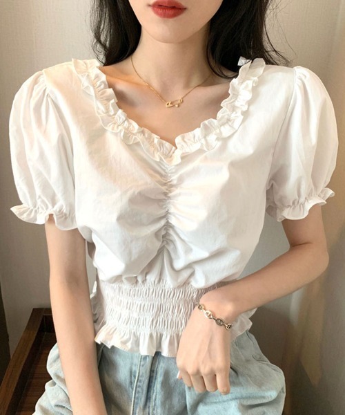 shoppinggo（ショッピングゴー）の「夏服 新作 フリルブラウス 半袖（シャツ/ブラウス・レディース・ブラック/ホワイト・M）」の2枚目の写真