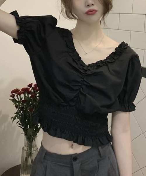 shoppinggo（ショッピングゴー）の「夏服 新作 フリルブラウス 半袖（シャツ/ブラウス・レディース・ブラック/ホワイト・M）」の3枚目の写真