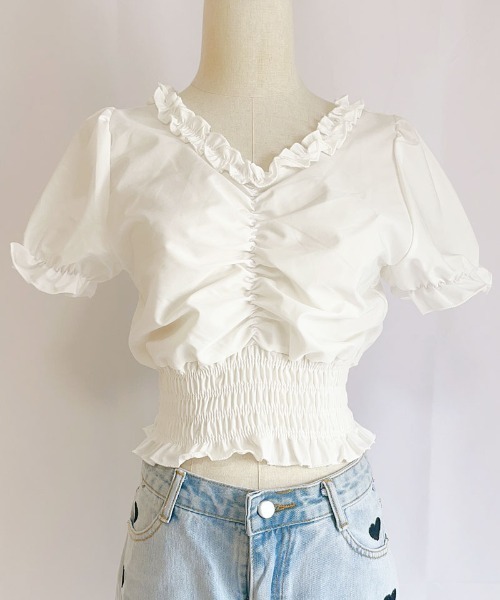 shoppinggo（ショッピングゴー）の「夏服 新作 フリルブラウス 半袖（シャツ/ブラウス・レディース・ブラック/ホワイト・M）」の5枚目の写真