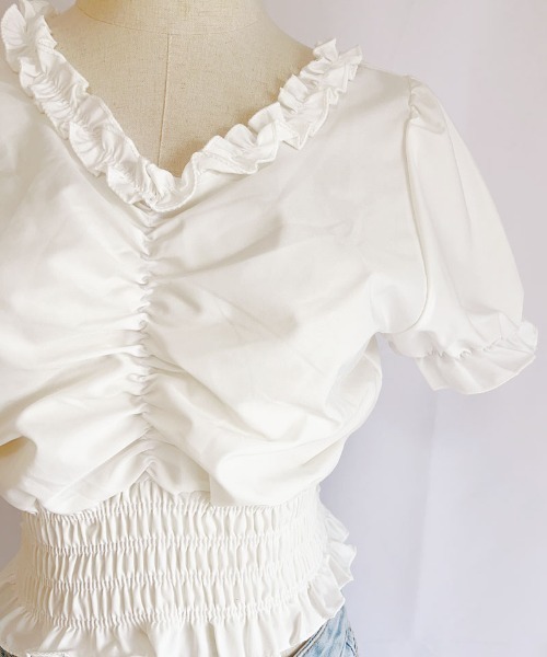 shoppinggo（ショッピングゴー）の「夏服 新作 フリルブラウス 半袖（シャツ/ブラウス・レディース・ブラック/ホワイト・M）」の8枚目の写真