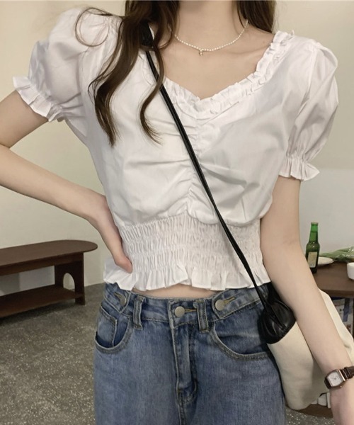 shoppinggo（ショッピングゴー）の「夏服 新作 フリルブラウス 半袖（シャツ/ブラウス・レディース・ブラック/ホワイト・M）」の10枚目の写真