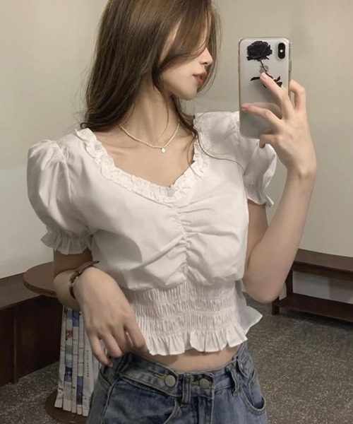 shoppinggo（ショッピングゴー）の「夏服 新作 フリルブラウス 半袖（シャツ/ブラウス・レディース・ブラック/ホワイト・M）」の12枚目の写真