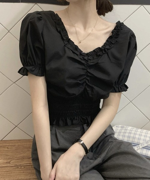 shoppinggo（ショッピングゴー）の「夏服 新作 フリルブラウス 半袖（シャツ/ブラウス・レディース・ブラック/ホワイト・M）」の14枚目の写真