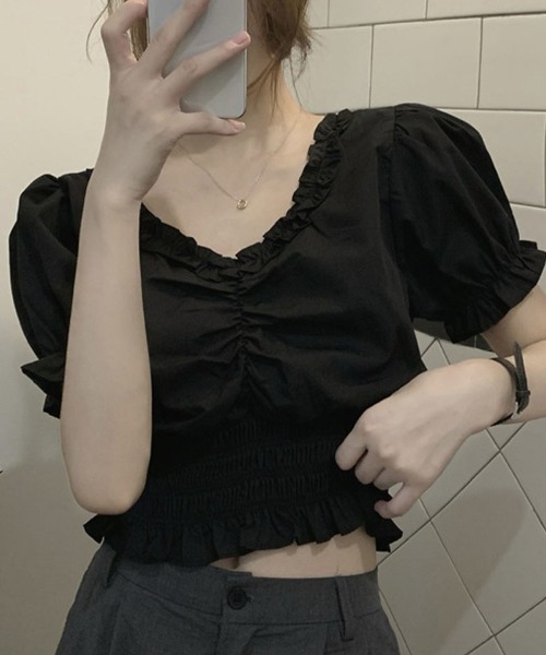 shoppinggo（ショッピングゴー）の「夏服 新作 フリルブラウス 半袖（シャツ/ブラウス・レディース・ブラック/ホワイト・M）」の15枚目の写真