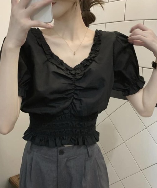 shoppinggo（ショッピングゴー）の「夏服 新作 フリルブラウス 半袖（シャツ/ブラウス・レディース・ブラック/ホワイト・M）」の16枚目の写真