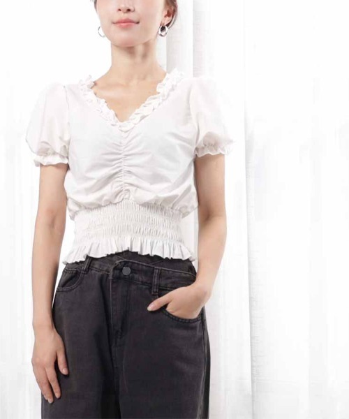 shoppinggo（ショッピングゴー）の「夏服 新作 フリルブラウス 半袖（シャツ/ブラウス・レディース・ブラック/ホワイト・M）」の18枚目の写真