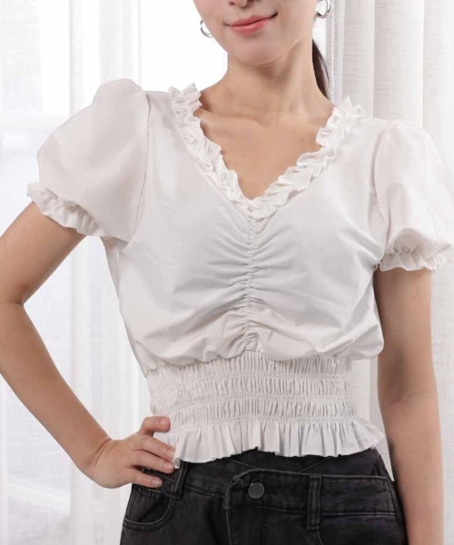 shoppinggo（ショッピングゴー）の「夏服 新作 フリルブラウス 半袖（シャツ/ブラウス・レディース・ブラック/ホワイト・M）」の19枚目の写真