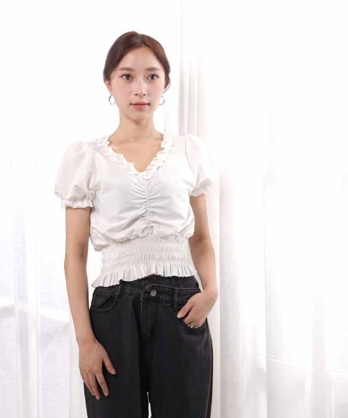 shoppinggo（ショッピングゴー）の「夏服 新作 フリルブラウス 半袖（シャツ/ブラウス・レディース・ブラック/ホワイト・M）」の20枚目の写真