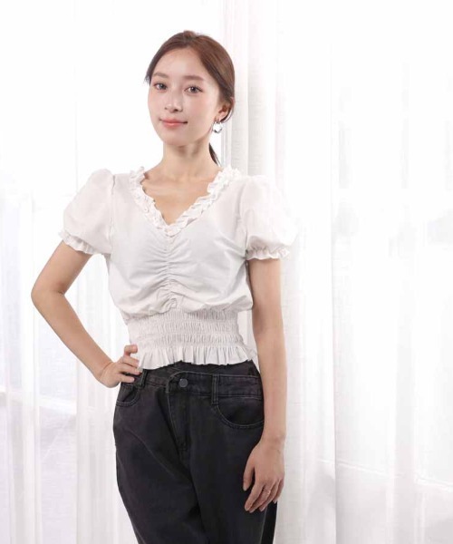 shoppinggo（ショッピングゴー）の「夏服 新作 フリルブラウス 半袖（シャツ/ブラウス・レディース・ブラック/ホワイト・M）」の21枚目の写真