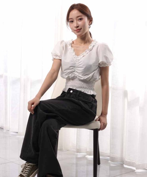 shoppinggo（ショッピングゴー）の「夏服 新作 フリルブラウス 半袖（シャツ/ブラウス・レディース・ブラック/ホワイト・M）」の22枚目の写真