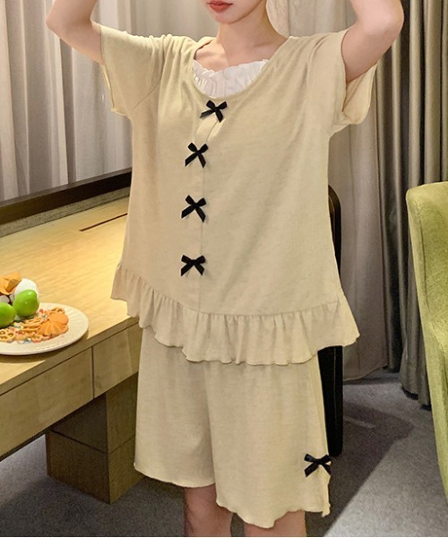 WEGO（ウィゴー）の「WEGO/インナーカップ付きリボンフリルルームウェア上下セット（ルームウェア/パジャマ・レディース・グレー/イエロー・MEDIUM/LARGE）」の16枚目の写真