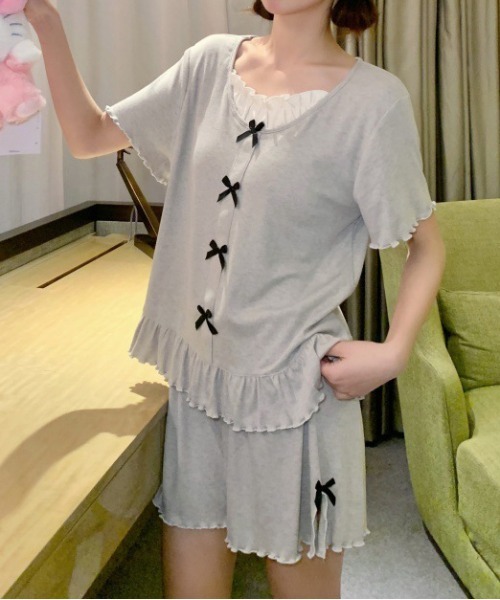 WEGO（ウィゴー）の「WEGO/インナーカップ付きリボンフリルルームウェア上下セット（ルームウェア/パジャマ・レディース・グレー/イエロー・MEDIUM/LARGE）」の10枚目の写真