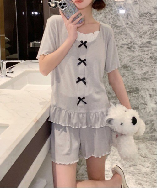 WEGO（ウィゴー）の「WEGO/インナーカップ付きリボンフリルルームウェア上下セット（ルームウェア/パジャマ・レディース・グレー/イエロー・MEDIUM/LARGE）」の11枚目の写真