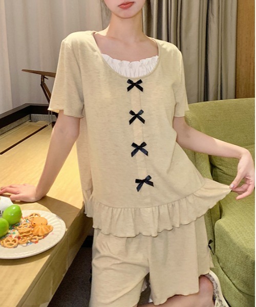 WEGO（ウィゴー）の「WEGO/インナーカップ付きリボンフリルルームウェア上下セット（ルームウェア/パジャマ・レディース・グレー/イエロー・MEDIUM/LARGE）」の18枚目の写真