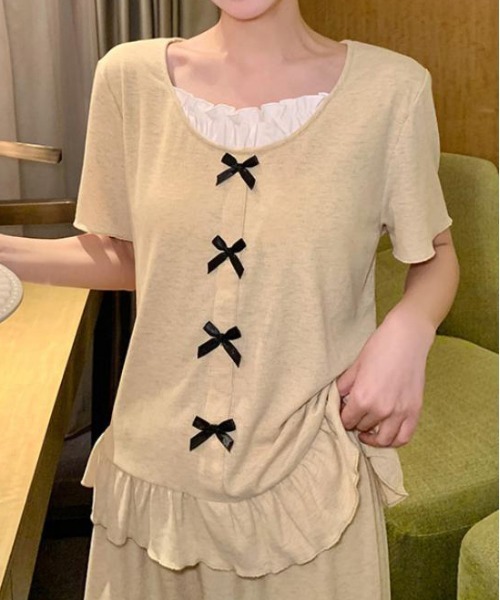 WEGO（ウィゴー）の「WEGO/インナーカップ付きリボンフリルルームウェア上下セット（ルームウェア/パジャマ・レディース・グレー/イエロー・MEDIUM/LARGE）」の15枚目の写真