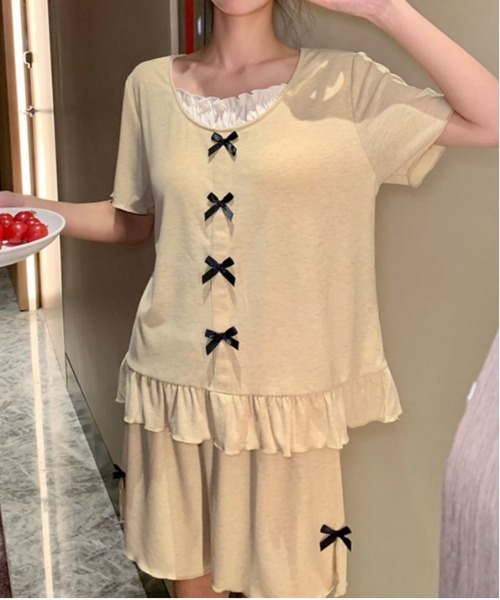 WEGO（ウィゴー）の「WEGO/インナーカップ付きリボンフリルルームウェア上下セット（ルームウェア/パジャマ・レディース・グレー/イエロー・MEDIUM/LARGE）」の7枚目の写真