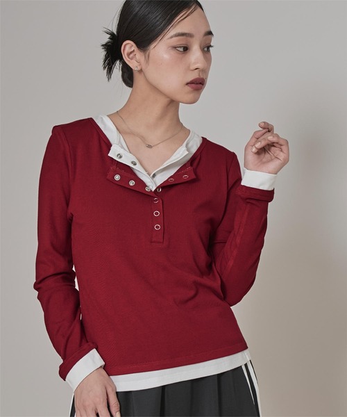 miette（ミエット）の「レイヤード風ヘンリーネックトップス（Tシャツ/カットソー・レディース・ネイビー/レッド/アイボリー/ブラック/チャコール/ライトグレー/ブラウン・L/M）」の7枚目の写真