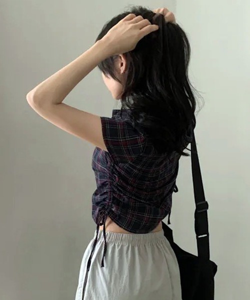 VIBGYOR(ヴィブジョー)の「サイドドロストシャーリングチェックシャツ 半袖(CZ)(Tシャツ/カットソー・レディース・ネイビー/ホワイト・FREE)」の10枚目の写真