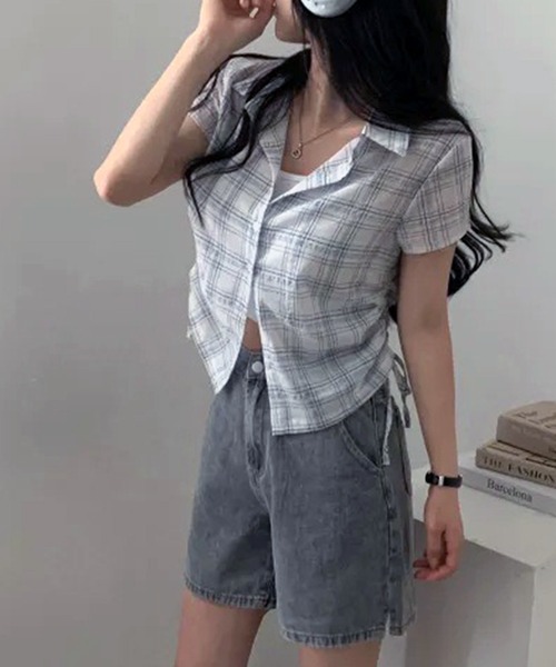 VIBGYOR(ヴィブジョー)の「サイドドロストシャーリングチェックシャツ 半袖(CZ)(Tシャツ/カットソー・レディース・ネイビー/ホワイト・FREE)」の13枚目の写真