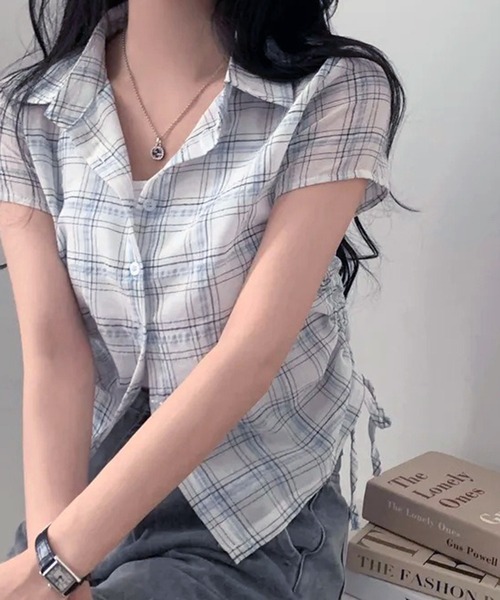 VIBGYOR(ヴィブジョー)の「サイドドロストシャーリングチェックシャツ 半袖(CZ)(Tシャツ/カットソー・レディース・ネイビー/ホワイト・FREE)」の16枚目の写真