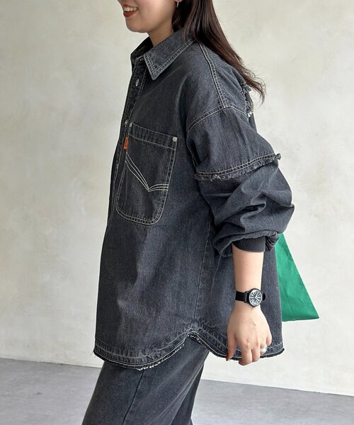 CPCM（シーピーシーエム）の「袖切替フリンジデニムシャツ（シャツ/ブラウス・レディース・ネイビー/ブラック/ブルー・FREE）」の6枚目の写真