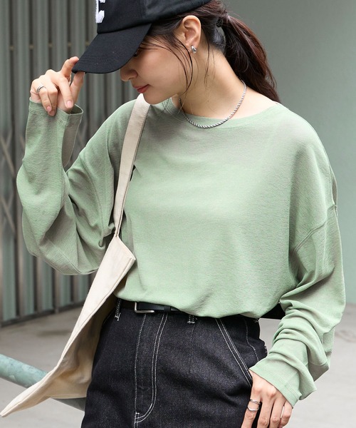 MONO-MART(モノマート)の「【anyway.シリーズ】フローティ シアートップス <スマートウォッシュ>(Tシャツ/カットソー・レディース・ベージュ/ブラウン/レッド/オリーブ/ブラック/ピンク/ネイビー/オフホワイト/ライトイエロー/チャコールグレー/グレー/ダークグレー/ワイン/ブルー/モカ/ブルー系/ミント/ブルーグリーン/グレイッシュブルー/コーラルピンク/カーキ・FREE)」の10枚目の写真
