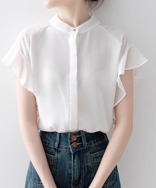 Beststore(ベストストア)の「ふんわり シフォンシャツブラウス フリル袖 バンドカラー 前開き 薄手(シャツ/ブラウス・レディース・ネイビー/ホワイト/グリーン系その他・M/L)」の2枚目の写真