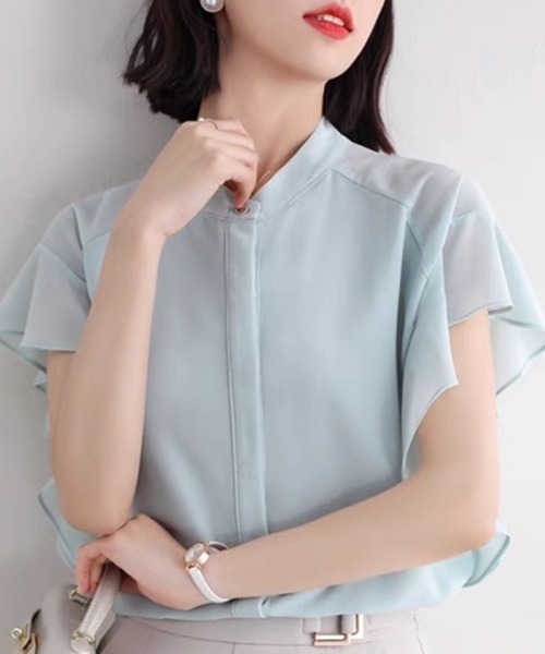 Beststore(ベストストア)の「ふんわり シフォンシャツブラウス フリル袖 バンドカラー 前開き 薄手(シャツ/ブラウス・レディース・ネイビー/ホワイト/グリーン系その他・M/L)」の4枚目の写真