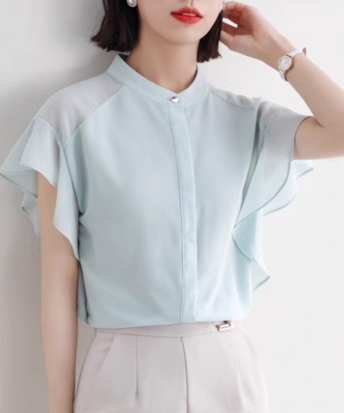 Beststore(ベストストア)の「ふんわり シフォンシャツブラウス フリル袖 バンドカラー 前開き 薄手(シャツ/ブラウス・レディース・ネイビー/ホワイト/グリーン系その他・M/L)」の5枚目の写真
