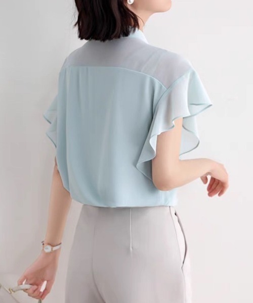 Beststore(ベストストア)の「ふんわり シフォンシャツブラウス フリル袖 バンドカラー 前開き 薄手(シャツ/ブラウス・レディース・ネイビー/ホワイト/グリーン系その他・M/L)」の6枚目の写真