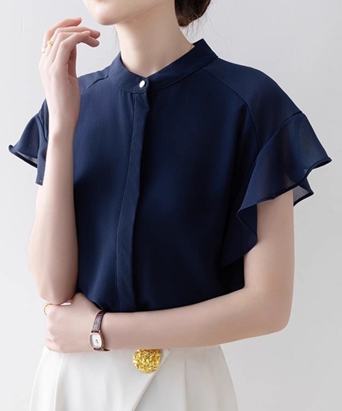 Beststore(ベストストア)の「ふんわり シフォンシャツブラウス フリル袖 バンドカラー 前開き 薄手(シャツ/ブラウス・レディース・ネイビー/ホワイト/グリーン系その他・M/L)」の12枚目の写真