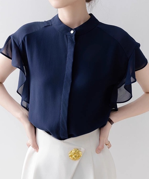 Beststore(ベストストア)の「ふんわり シフォンシャツブラウス フリル袖 バンドカラー 前開き 薄手(シャツ/ブラウス・レディース・ネイビー/ホワイト/グリーン系その他・M/L)」の13枚目の写真
